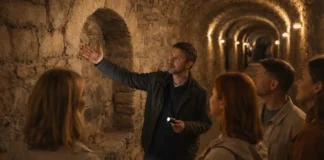 Подземный Турин: экскурсия по тоннелям, подвалам и скрытым историям города Подземный Турин: экскурсия по историческим тоннелям и подвалам Атмосферная сцена подземного маршрута в Турине: каменный коридор, мягкий свет