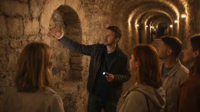 podzemnyj_turin Подземный Турин: экскурсия по историческим тоннелям и подвалам Атмосферная сцена подземного маршрута в Турине: каменный коридор, мягкий свет