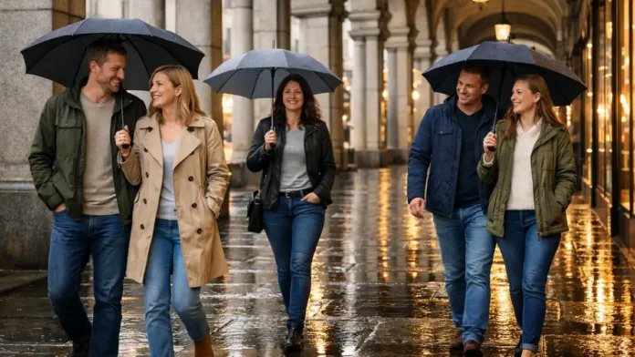 Турин в дождь: аркады центра и уютная прогулка Дождливый день в центре Турина под аркадами, люди с зонтами, теплый свет витрин, спокойная городская