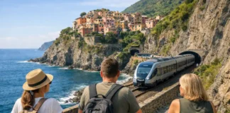 Из Турина в Ливорно через Чинкве-Терре: как добраться, где пересадки и какой маршрут выбрать в 2026 Поездка из Турина в Чинкве-Терре и Ливорно: море, поезд и панорама Лигурии бьАтмосферный кадр путешествия по Лигурии: поезд у побережья, скалы и море, ощущение дороги и летней свободы, без текста и логотипов.