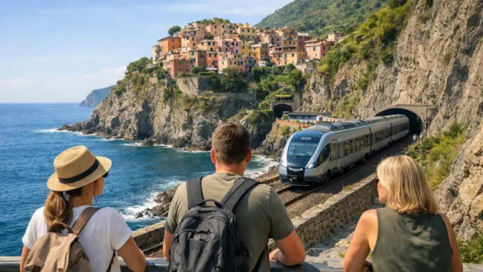 turin-cinque-terre-livorno-marshrut Поездка из Турина в Чинкве-Терре и Ливорно: море, поезд и панорама Лигурии бьАтмосферный кадр путешествия по Лигурии: поезд у побережья, скалы и море, ощущение дороги и летней свободы, без текста и логотипов.