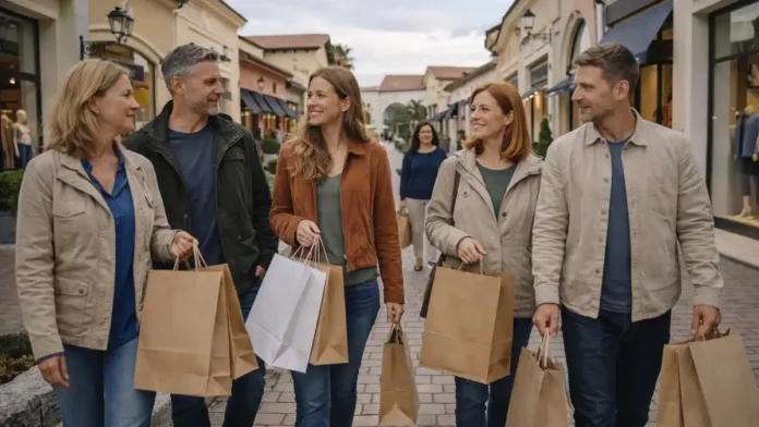 autlet-turin-shopping Аутлет рядом с Турином - шоппинг и скидки в Пьемонте у аутлета в Пьемонте: люди выходят с покупками, мягкий дневной свет, спокойная атмосфера