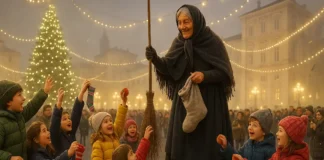 Бефана: Волшебный праздник Богоявления в Италии и его древние корни Бефана в Италии раздаёт подарки детям на площади в Турине площади в Турине вечером Бефаны, где добрая ведьма на метле улыбается детям и раздаёт сладости на фоне рождественских огней.