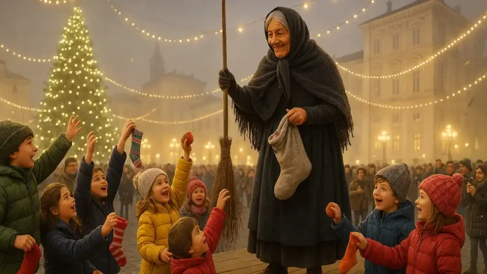 Бефана в Италии раздаёт подарки детям на площади в Турине площади в Турине вечером Бефаны, где добрая ведьма на метле улыбается детям и раздаёт сладости на фоне рождественских огней.