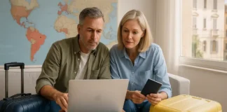 Куда эмигрируют итальянцы: 5 стран, где можно жить дешевле, чем в Италии Куда эмигрируют итальянцы страны с низкой стоимостью жизни Итальянская пара с чемоданами смотрит на мировую карту с отмеченными Таиландом, Коста-Рикой и другими странами, символизирующими эмиграцию.