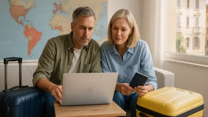 italiancy-emigratsiya-strany-zhizn-deshevle-italii Куда эмигрируют итальянцы страны с низкой стоимостью жизни Итальянская пара с чемоданами смотрит на мировую карту с отмеченными Таиландом, Коста-Рикой и другими странами, символизирующими эмиграцию.