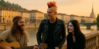 Неформалы в Италии: фотографии хиппи, панков и других субкультур в Турине Неформалы в Турине на набережной реки По Группа молодых людей в стиле хиппи и панк сидит на набережной реки По в Турине, на фоне мостов и городской архитектуры, живое уличное общение, мягкий вечерний свет.