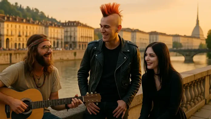 neformal-turin-kaushka-cover Неформалы в Турине на набережной реки По Группа молодых людей в стиле хиппи и панк сидит на набережной реки По в Турине, на фоне мостов и городской архитектуры, живое уличное общение, мягкий вечерний свет.