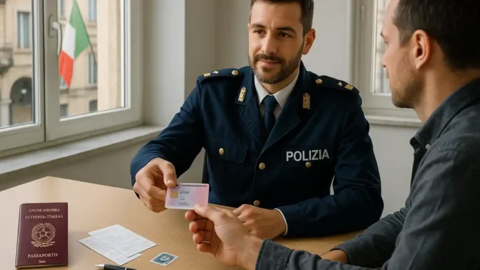 vid-na-jitelstvo-stoimost-italia Вид на жительство в Италии - стоимость и продление permesso di soggiorno Итальянец передает пластиковую карту permesso di soggiorno иностранцу в офисе квестуры, на столе лежат паспорт, квитанции и марка da bollo.