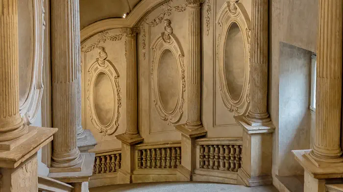 Колонны, лепнина дворца Кариньяно лестница вниз Турин