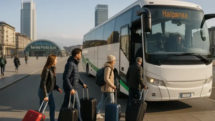 Автобус из аэропорта Мальпенса в Турин на автовокзале corso Bolzano Автобус у платформы автовокзала на corso Bolzano в Турине, откуда отправляются рейсы из и в аэропорт Мальпенса