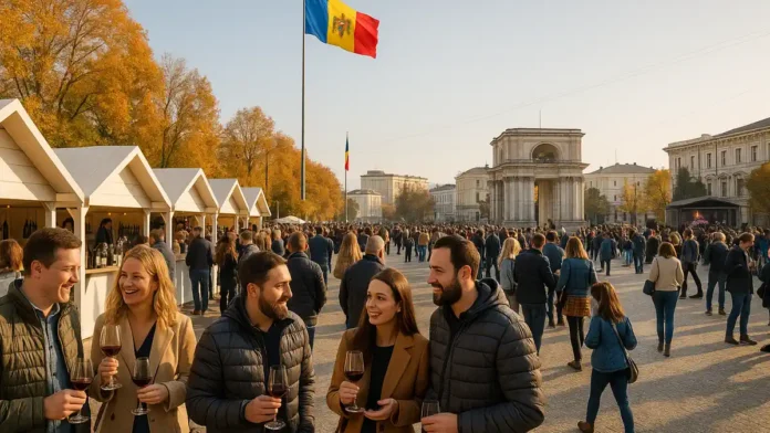 Праздник вина на центральной площади Кишинёва с людьми, павильонами и флагами