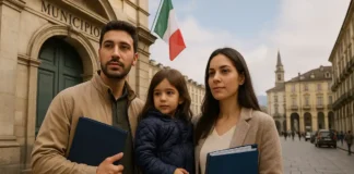 Если ребёнок родился в Италии: какое у него гражданство и как получить гражданство Италии ребёнку Семья мигрантов с ребёнком у муниципалитета в Италии подаёт документы на гражданство с ребёнком у входа в коммуну в Италии, они держат папку с документами и обсуждают оформление гражданства ребёнку, рождённому в Италии