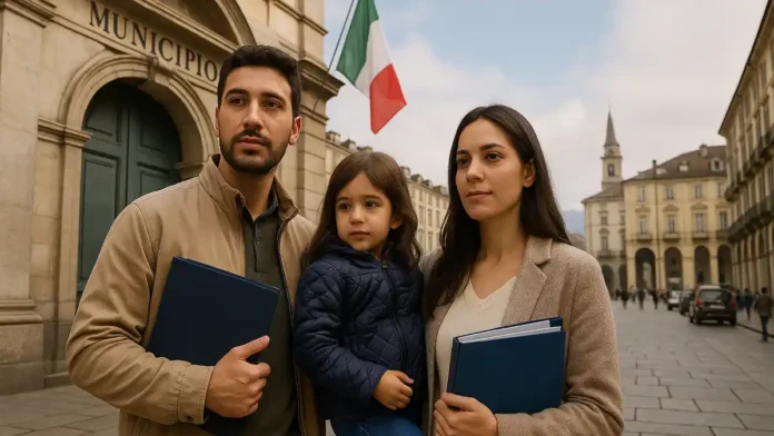grazhdanstvo-rebenku-rodivshemsya-v-italii-news-2025 Семья мигрантов с ребёнком у муниципалитета в Италии подаёт документы на гражданство с ребёнком у входа в коммуну в Италии, они держат папку с документами и обсуждают оформление гражданства ребёнку, рождённому в Италии
