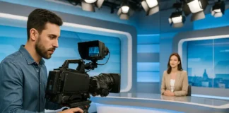 Видео News Events Turin на Sky TV: как наши репортажи выходят в эфир Италии Видеокамера и свет в телевизионной студии Sky TV с логотипом News Events Turin на экране