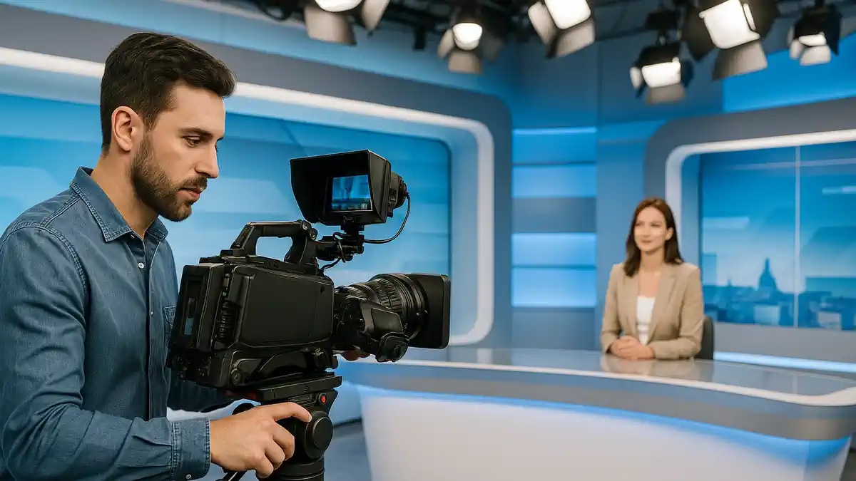 Видеокамера и свет в телевизионной студии Sky TV с логотипом News Events Turin на экране