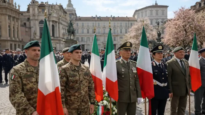 Festa della Liberazione в Турине 25 апреля: памятные церемонии Весенний Турин, городская площадь с церемонией памятиофициальная атмосфера