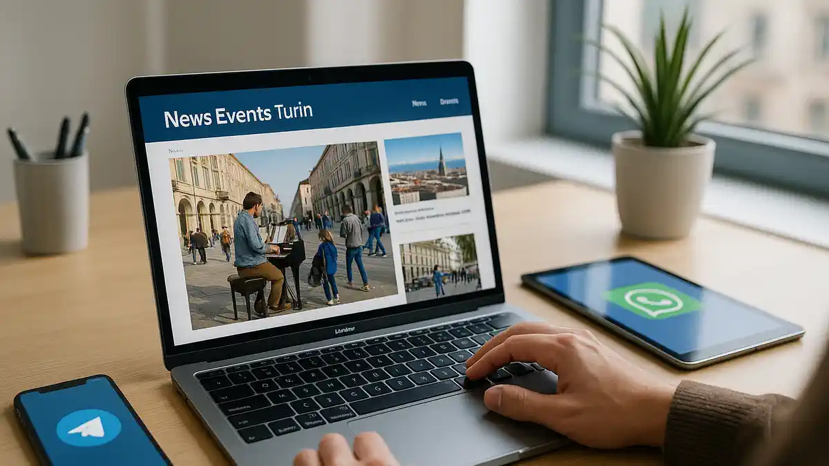 Иконки соцсетей и логотип News Events Turin на светлом фоне