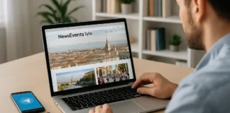 Новости Италии в социальных сетях: все ссылки News Events Turin в одном месте Иконки соцсетей и логотип News Events Turin Новости Италии на светлом фоне