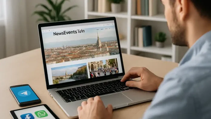 Иконки соцсетей и логотип News Events Turin Новости Италии на светлом фоне