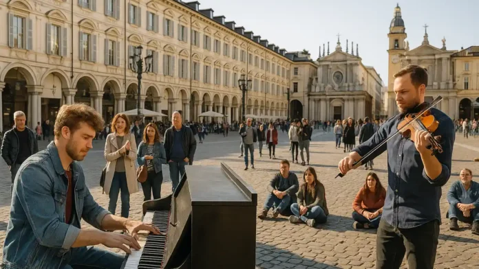 turin-pianino-skripka-ulichnaya-muzyka Пианино и скрипач в центре Турина на площади Сан Карло