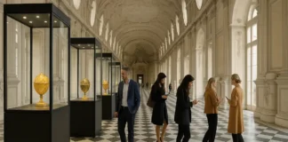 Выставка яиц Фаберже в Турине: как шедевры из России приехали в Венарию Реале Выставка яиц Фаберже в дворце Венария Реале под Турином Зал Королевского дворца Венария Реале вблизи Турина с витринами, в которых демонстрируются яйца Фаберже и другие ювелирные шедевры