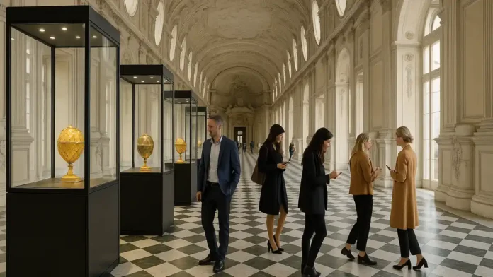 faberge-venaria-turin-italia Выставка яиц Фаберже в дворце Венария Реале под Турином Зал Королевского дворца Венария Реале вблизи Турина с витринами, в которых демонстрируются яйца Фаберже и другие ювелирные шедевры