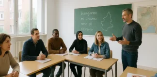 Бесплатные курсы итальянского языка в Турине и Пьемонте: полный гид 2026 Бесплатные курсы итальянского языка в Турине - взрослые студенты на уроке итальянского в классеШирокий кадр светлой аудитории в Турине, за партами сидят взрослые студенты разных национальностей, на доске записаны итальянские слова, преподаватель показывает на доску и улыбается, ощущение открытого и дружелюбного занятия по итальянскому