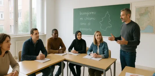 Бесплатные курсы итальянского языка в Турине - взрослые студенты на уроке итальянского в классеШирокий кадр светлой аудитории в Турине, за партами сидят взрослые студенты разных национальностей, на доске записаны итальянские слова, преподаватель показывает на доску и улыбается, ощущение открытого и дружелюбного занятия по итальянскому