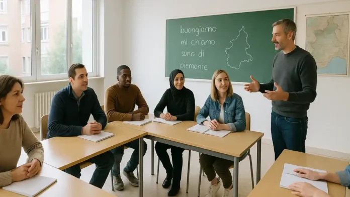 besplatnye-kursy-italyanskogo-yazyka-turin-2026 Бесплатные курсы итальянского языка в Турине - взрослые студенты на уроке итальянского в классеШирокий кадр светлой аудитории в Турине, за партами сидят взрослые студенты разных национальностей, на доске записаны итальянские слова, преподаватель показывает на доску и улыбается, ощущение открытого и дружелюбного занятия по итальянскому