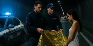 Появление голой женщины в туннеле Грульяско в Турине: полиция проводит расследование Голая женщина в туннеле Грульяско под Турином и патруль полиции Ночной туннель в пригороде Турина, полицейская машина с мигалками и фигура женщины, прикрытой полотенцем, на заднем плане виден свет фар и граффити на стенах