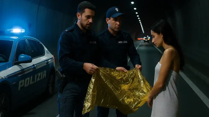 donna-nuda-tunnel-torino Голая женщина в туннеле Грульяско под Турином и патруль полиции Ночной туннель в пригороде Турина, полицейская машина с мигалками и фигура женщины, прикрытой полотенцем, на заднем плане виден свет фар и граффити на стенах