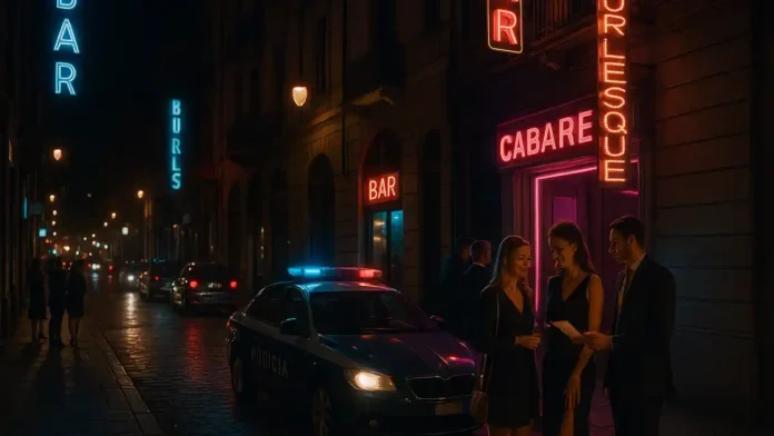 Ночная улица Турина с неоновыми вывесками клубов и силуэтами людей у входа Вечерняя улица в центре Турина, несколько неоновых вывесок баров и кабаре, у одного из входов стоят пары и друзья, свет фонарей отражается на мокрой мостовой, атмосфера живой ночной жизни без откровенной наготы.