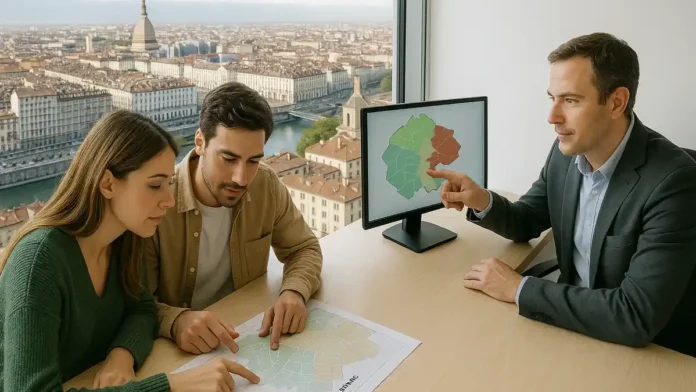 neblagopriyatnye-raiony-turina Вид на жилые кварталы Турина с отмеченными неблагоприятными районами Панорама Турина с жилыми кварталами и условно выделенными неблагоприятными районами, где редакция не советует покупать жильё без проверки.