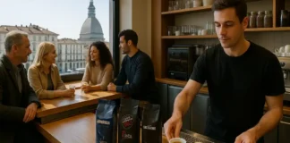 Итальянский кофе бренды Lavazza, Vergnano и Costadoro в Турине: родина туринского кофе и лучшие марки Италии Итальянский кофе Lavazza, Vergnano и Costadoro в Турине Бар в центре Турина, на стойке три чашки эспрессо и пачки кофе Lavazza, Vergnano и Costadoro на фоне городских улиц