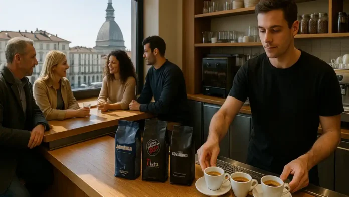 turin-italianskij-kofe-lavazza-vergnano-costadoro Итальянский кофе Lavazza, Vergnano и Costadoro в Турине Бар в центре Турина, на стойке три чашки эспрессо и пачки кофе Lavazza, Vergnano и Costadoro на фоне городских улиц