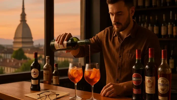 vermouth-torino-bar-studio Бокалы с туринским вермутом на барной стойке с видом на Турин