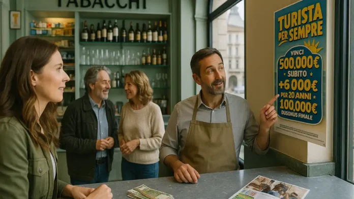krupnyj-vyigrysh-loterii-turina-loterea-italia Крупный выигрыш в Турине по лотерее Турист навсегда в Италии Моментальный лотерейный билет «Turista per sempre» и евро купюры, иллюстрирующие крупный выигрыш в Турине и тему лотерей в Италии