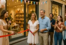 Как провести инаугурацию ИП и открытие магазина в Италии и Турине Открытие магазина в Турине – инаугурация с гостями, ведущей и витриной Светлый современный магазин на улице Турина, перед входом собралось много людей, ведущая с микрофоном, ленточка, воздушные шары и витрина с товарами, тёплый дневной свет.