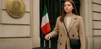 Италия предлагает визу для россиян на один год: что изменилось в 2025 году Гражданка России с чемоданом у посольства Италии визуальный символ эмиграции 2025