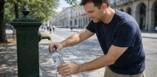 Жара в Турине унесла жизнь мужчины, который пытался утолить жажду Alt: Жара в Турине: уличная питьевая колонка и советы как пережить перегрев в Италии в Турине в солнечный день; рядом прохожий наполняет бутылку, кадр о безопасности в жару.
