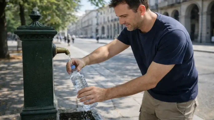 zhara-turin-fontanchik-112 Alt: Жара в Турине: уличная питьевая колонка и советы как пережить перегрев в Италии в Турине в солнечный день; рядом прохожий наполняет бутылку, кадр о безопасности в жару.
