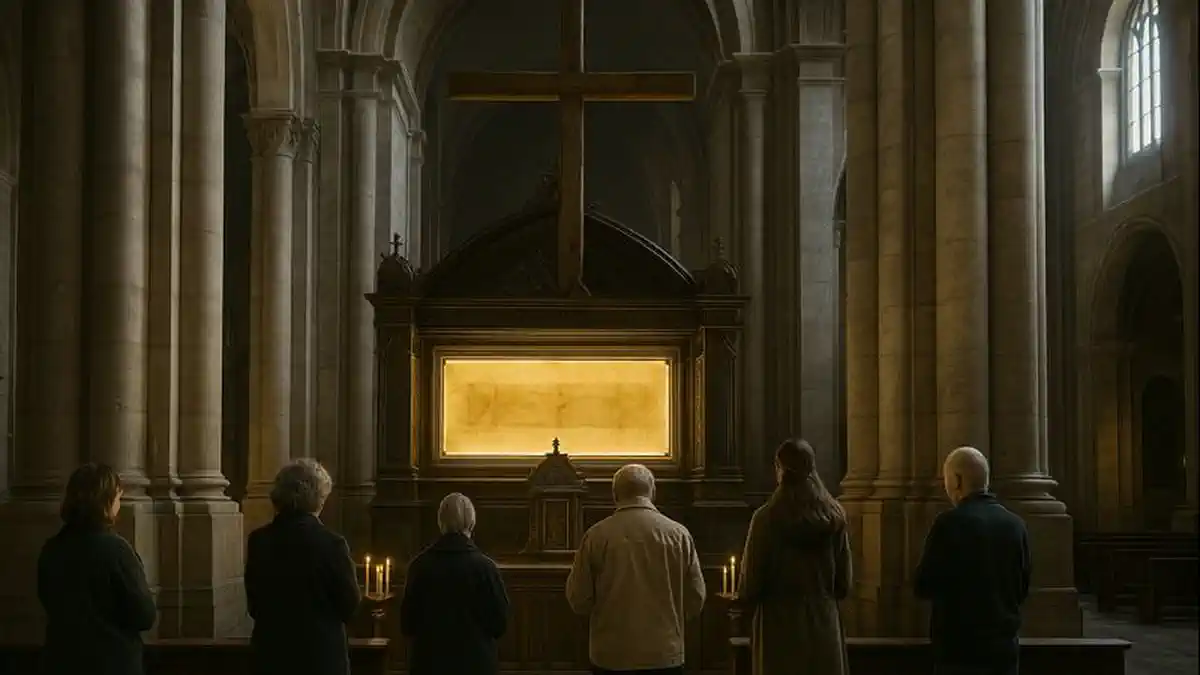 Туринская плащаница - паломники в соборе Святого Иоанна Крестителя в Турине
кадр интерьера собора Святого Иоанна Крестителя в Турине, на переднем плане несколько паломников европейской внешности стоят и молятся перед подсвеченной капеллой Туринской плащаницы, в глубине видны своды храма и мягкий дневной свет из боковых окон.