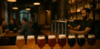 Пиво в Италии и Турине — где выпить, что попробовать и куда идти любителям крафта Бар в Турине с бокалами итальянского крафтового пива Описание: Фотореалистичный широкий кадр уютного бара в Турине, на переднем плане несколько бокалов с разными сортами итальянского крафтового пива на деревянной стойке, на заднем плане размытые полки с бутылками и гости за столиками, тёплый вечерний свет, без логотипов и надписей.