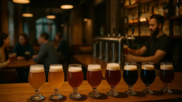 Бар в Турине с бокалами итальянского крафтового пива Описание: Фотореалистичный широкий кадр уютного бара в Турине, на переднем плане несколько бокалов с разными сортами итальянского крафтового пива на деревянной стойке, на заднем плане размытые полки с бутылками и гости за столиками, тёплый вечерний свет, без логотипов и надписей.