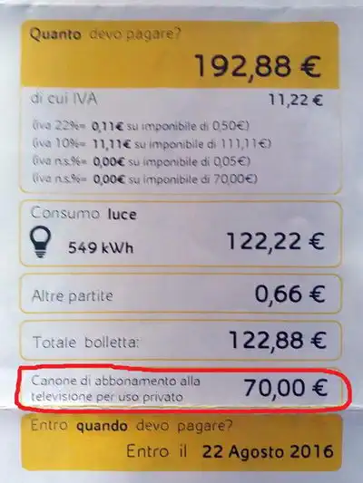 абонентской платы за телевидение вместе с электричеством Италия Турин