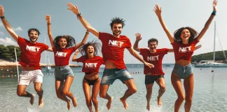 Исторический Турин в мае 2018 года: праздничная атмосфера и культурные мероприятия На фотографии запечатлена группа молодых людей, радостно прыгающих на мелководье у берега моря. Все они одеты в яркие красные футболки с одинаковым логотипом, что может свидетельствовать о том, что они являются частью команды аниматоров или принадлежат к какой-то организации или клубу. Они носят купальную одежду, что указывает на пляжную обстановку. Вода вокруг них кристально чистая и прозрачная, а фон сцены составляет спокойное море с видимыми парусниками вдали. Небо ясное и голуб ое, что подчеркивает солнечную и веселую атмосферу. Энергия и движение, зафиксированные на фото, передают ощущение свободы и беззаботности. Песчаный берег и теплый климат дополняют картину идеального летнего дня. Эта фотография может использоваться в рекламе пляжного курорта или мероприятия, организованного анимационной командой, для привлечения туристов, желающих получить незабываемый опыт отдыха у моря, наслаждаясь активными развлечениями и позитивной атмосферой.