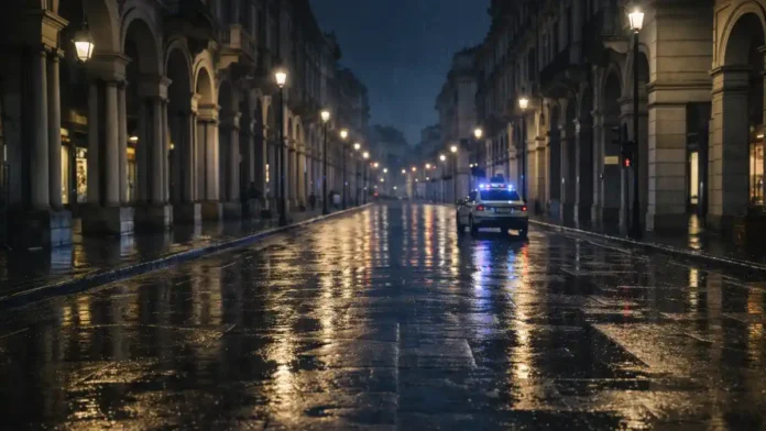 komendatsky-chas-turin-covid Комендантский час в Италии и Турине во время COVID - ночные ограничения Ночной Турин, пустая улица, мягкий свет фонарей, полицейский патруль вдалеке, атмосфера 2020 года без паники