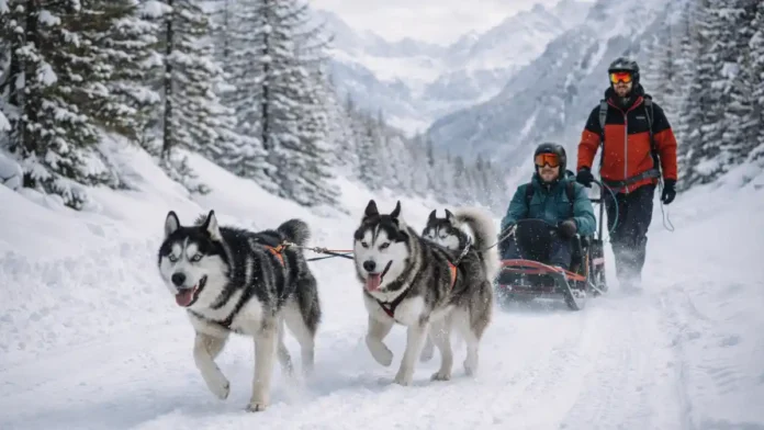 sobachi-upryazhki-piemont-zima Катание на собачьих упряжках в Пьемонте зимой - упряжка хаски в Альпах Снежная тропа в Альпах Пьемонта, упряжка хаски и участники в зимней экипировке, ощущение скорости и приключения.