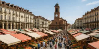 Центральный рынок Турина Porta Palazzo — как добраться, что купить и когда идти Центральный рынок Турина Porta Palazzo - прилавки с фруктами и людьми Широкий вид на центральный рынок Porta Palazzo в Турине с цветными рядами фруктов и овощей, людьми между прилавками и историческими домами на фоне.